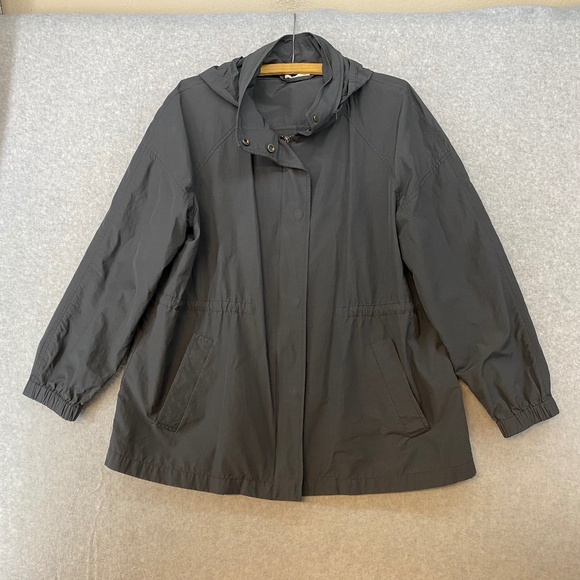 Eileen Fisher  M/L Hooded Rain Jacket Lightweight Black Pockets Cotton Nylon - Picture 1 of 10